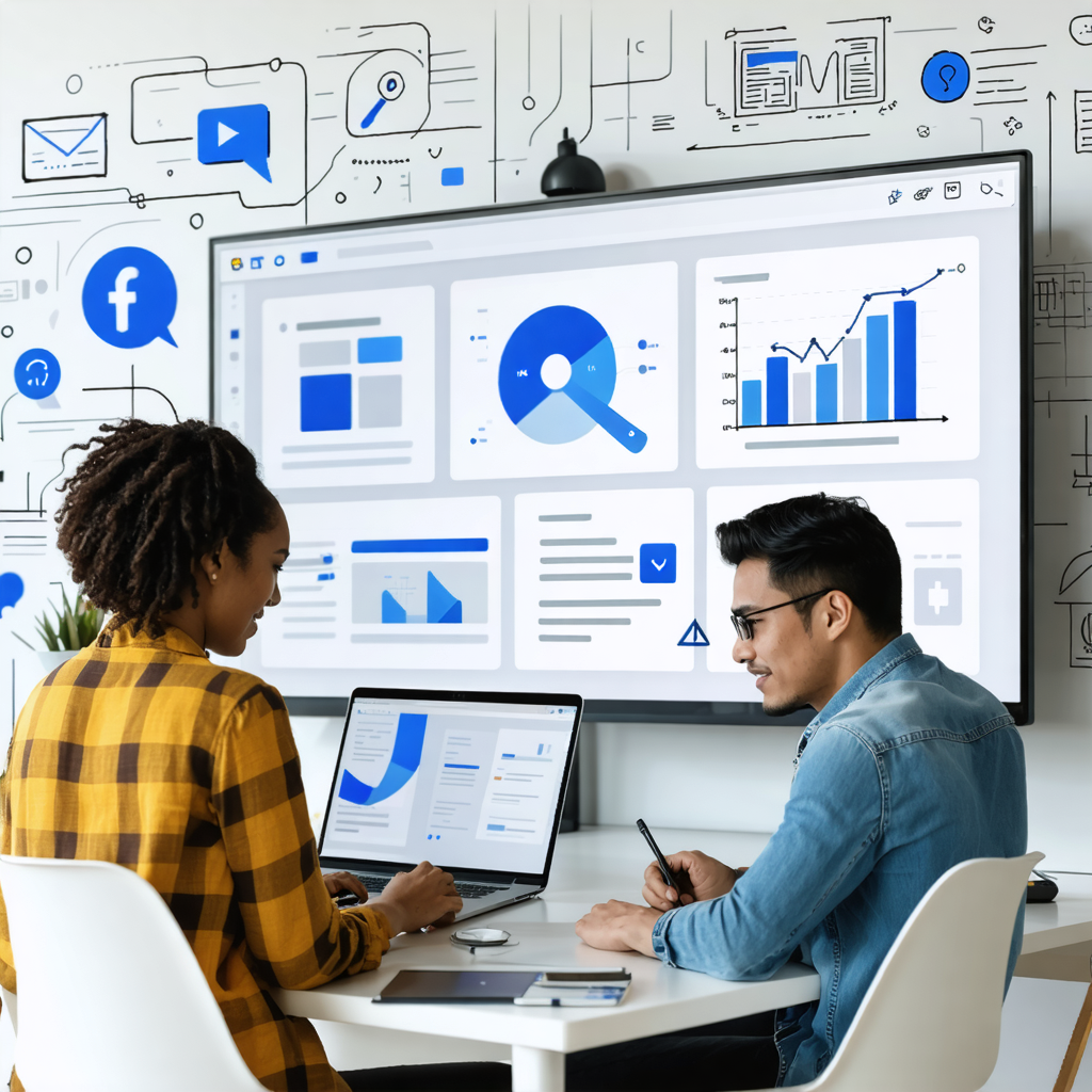 Two office workers at a desk discussing marketing content while a large screen in the background display graphs and text-based articles