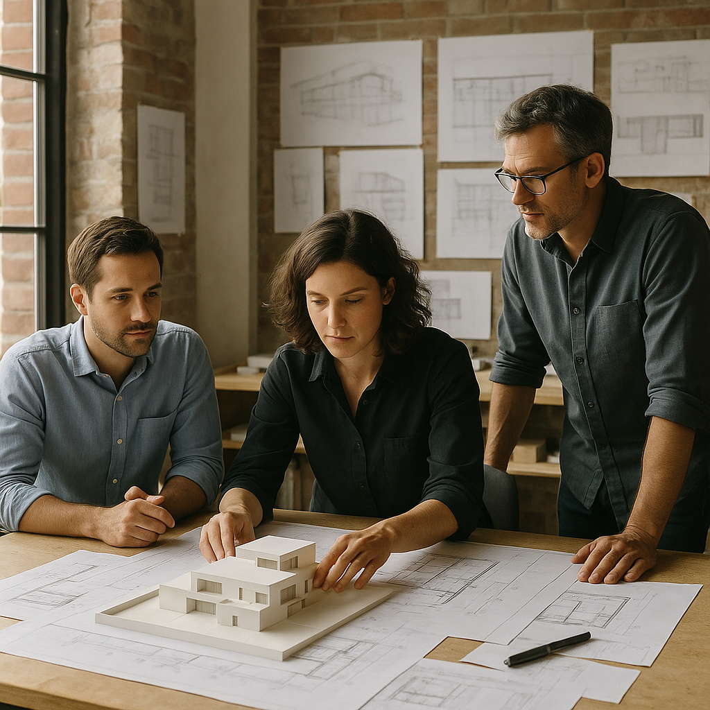Three members of a small architectural team reviewing their plans for a building