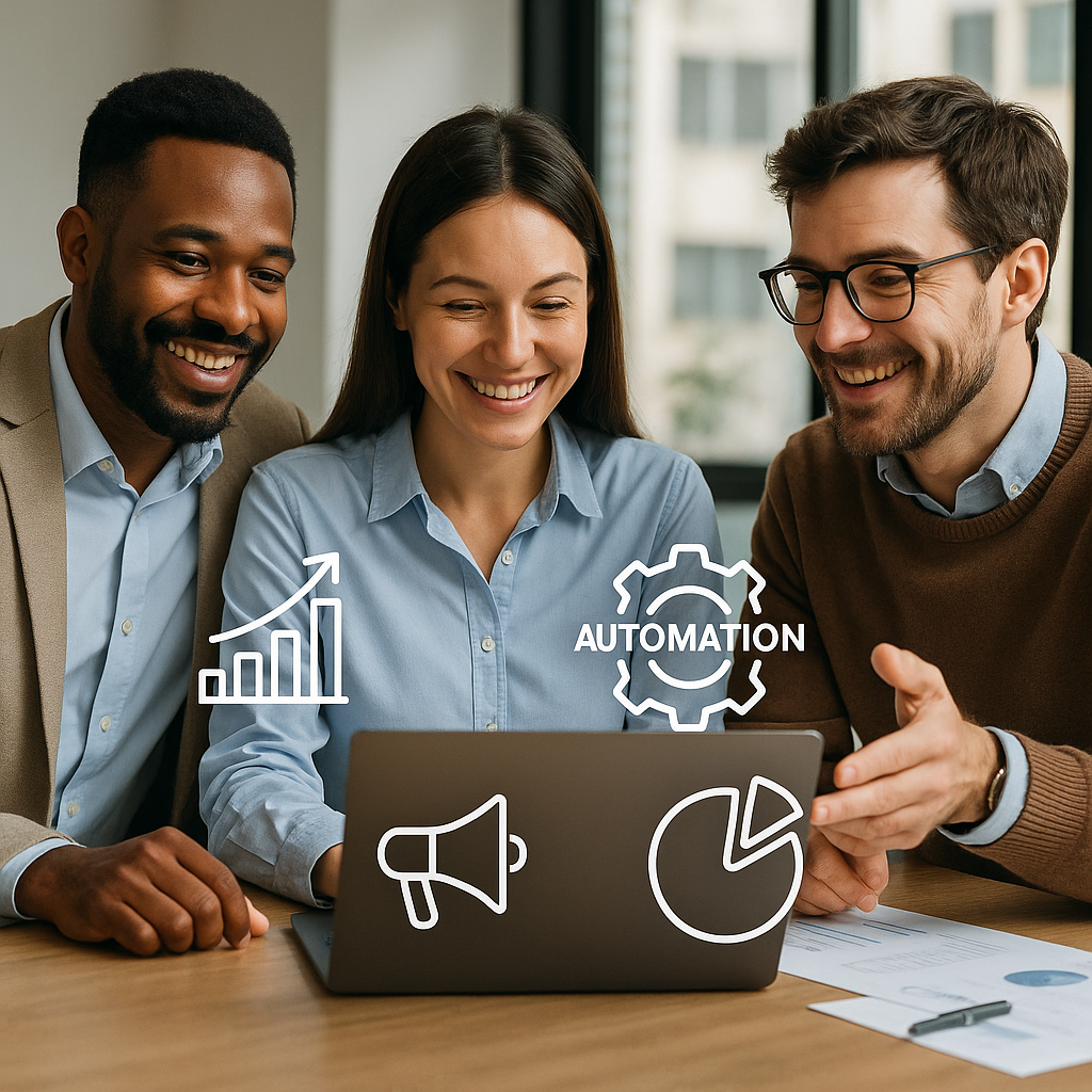 Two men and a woman in front of a laptop discussing the benefits of marketing automation