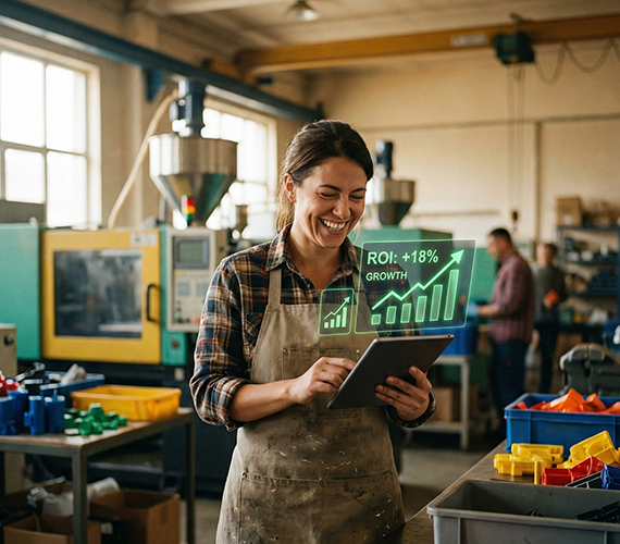 A woman business owner in a plastic part factory holding a tablet showing increasing ROI