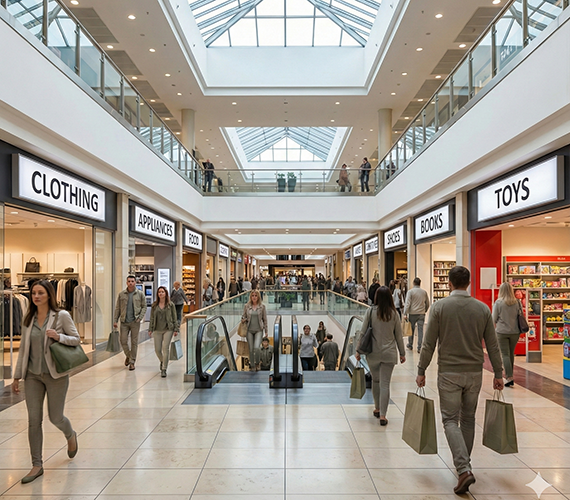 A photorealistic image of a modern, multi-level shopping mall. Instead of unique brand logos, the storefronts feature plain white signs with bold, black, generic labels such as "CLOTHING," "APPLIANCES," "TOYS," and "BOOKS". The shoppers walking through the bright, sterile corridor are all dressed in uniform, drab clothing in shades of grey and beige, creating a visual "sea of sameness" where no individual or business stands out.